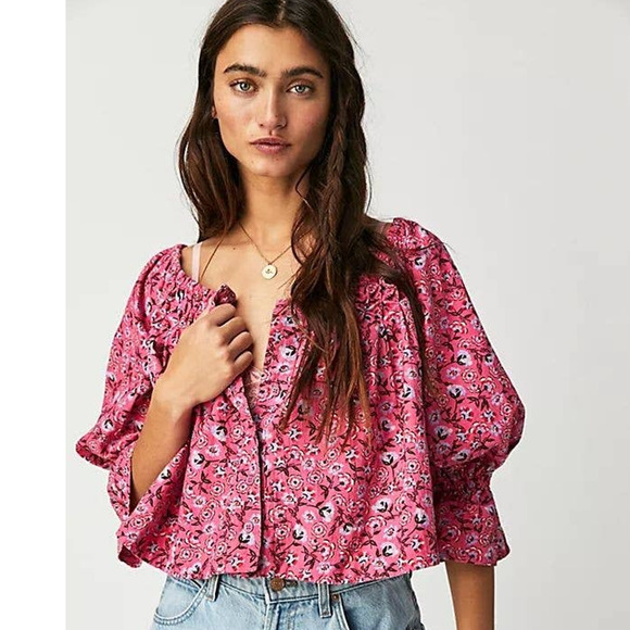 New Free People James Smocked Floral Crop Top $128 X-SMALL Pink - Picture 1 of 4